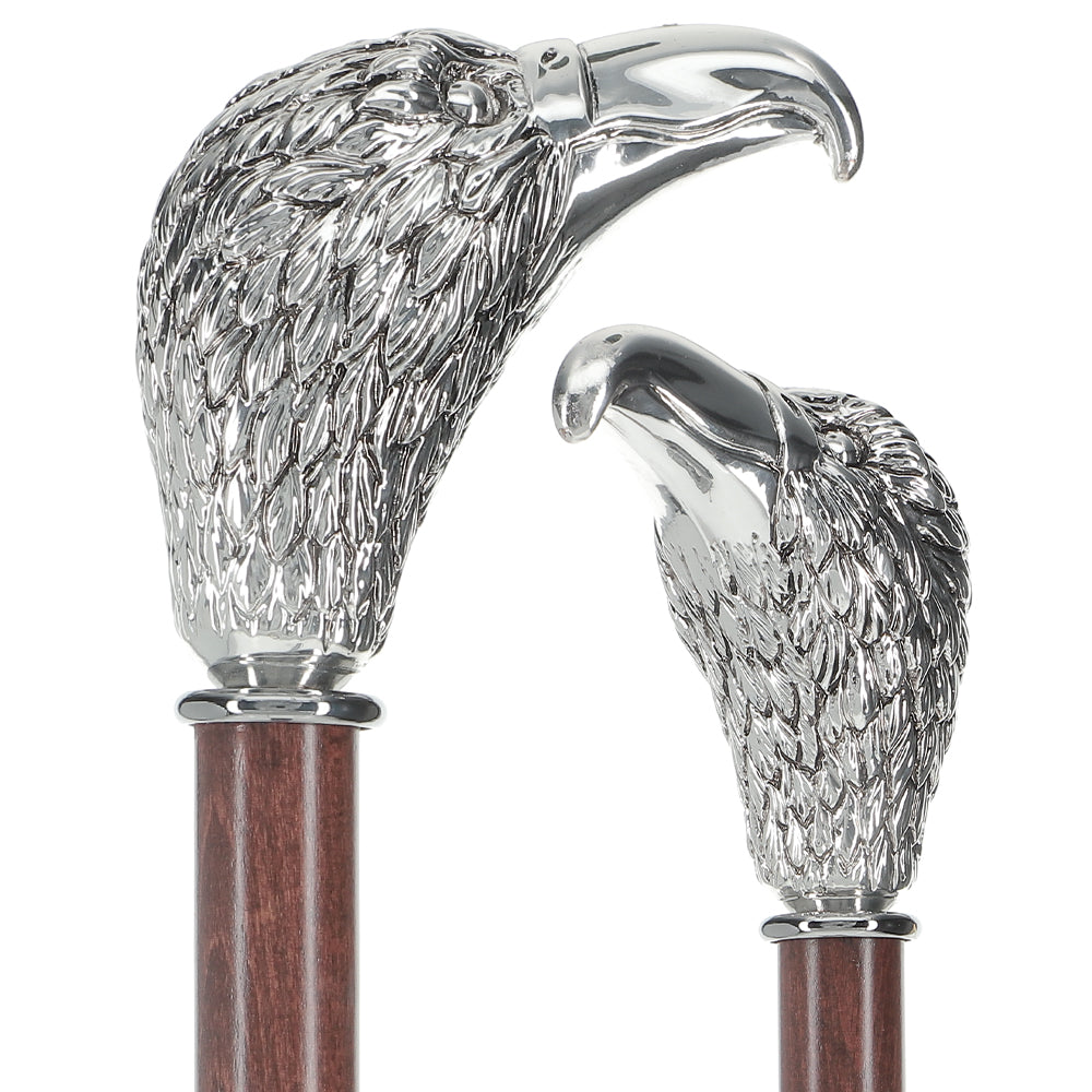 Silver 925r Hawk Head Walking Cane with Stained Beechwood Shaft and Collar Online Online Outlet Sale