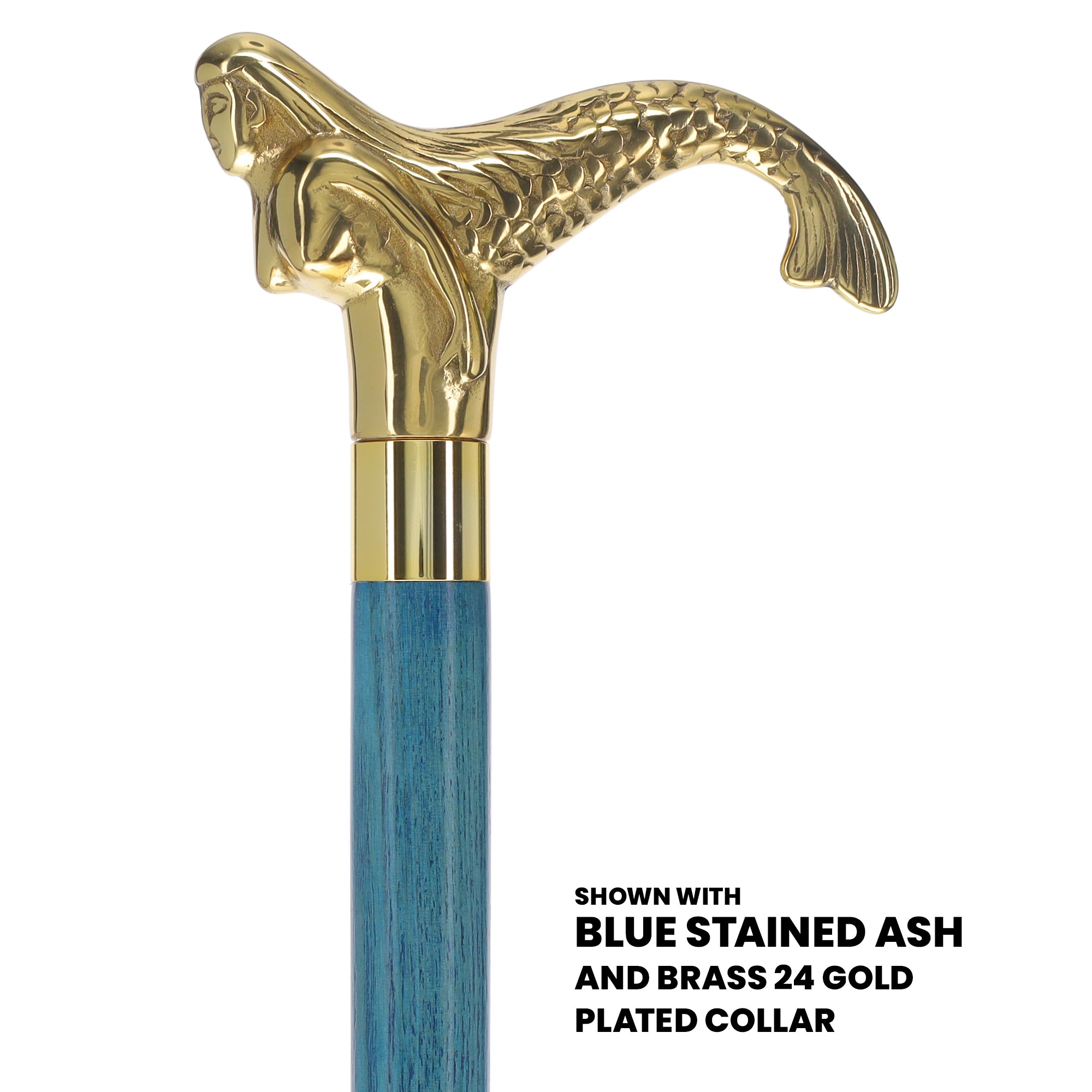 Brass Mermaid Handle Walking Cane w/ Custom Color Stained Ash Shaft & Collar Cheap Free Shipping