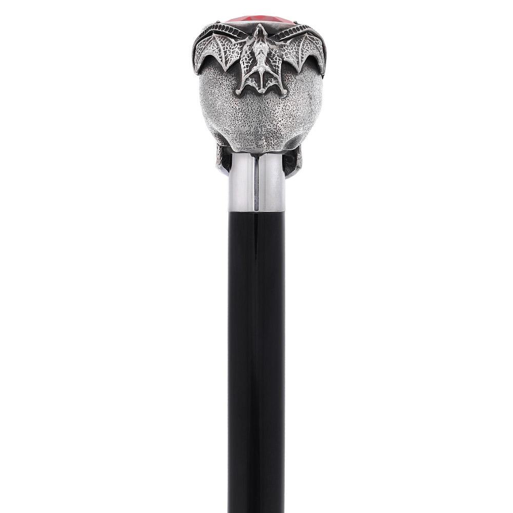 Silver 925r Ruby Red Skull and Bats Walking Cane w/ Black Beechwood Shaft Clearance With Mastercard