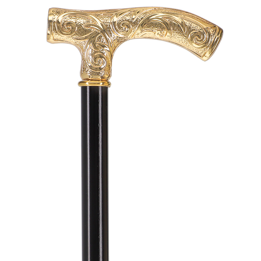 24K Gold Plated Embossed Fritz Handle Walking Cane with Black Beechwood Shaft and Collar Where To Buy Cheap Real