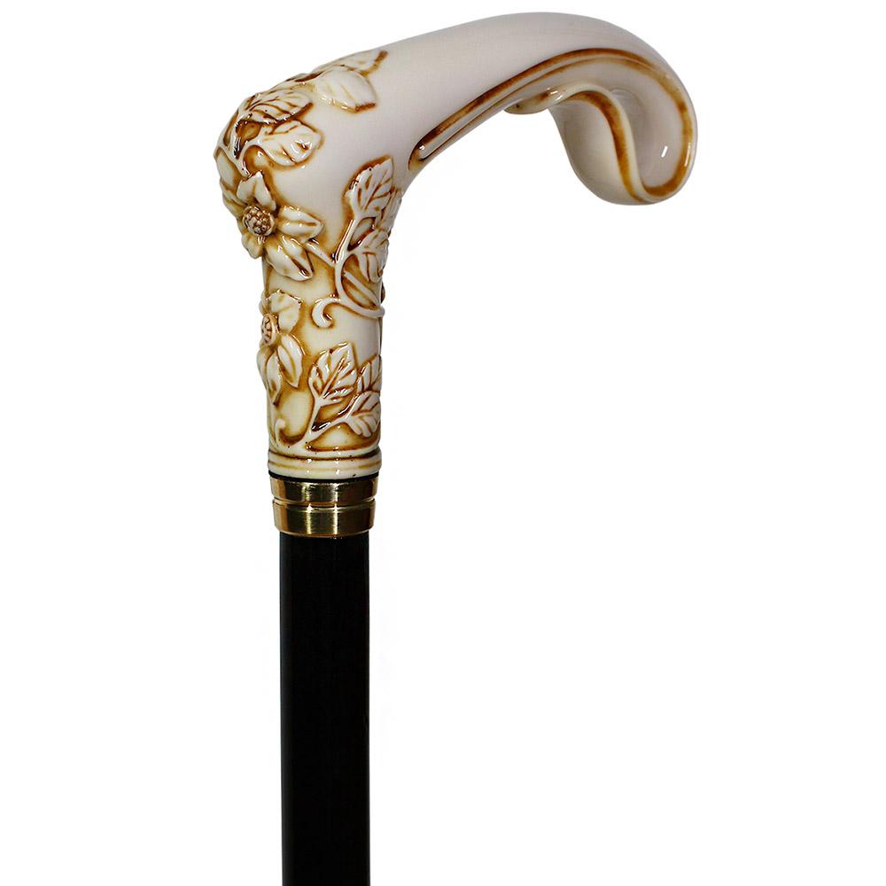 Scratch and Dent Ivory Flowers Artisan Intricate Handcarved Cane V2159 Clearance With Credit Card