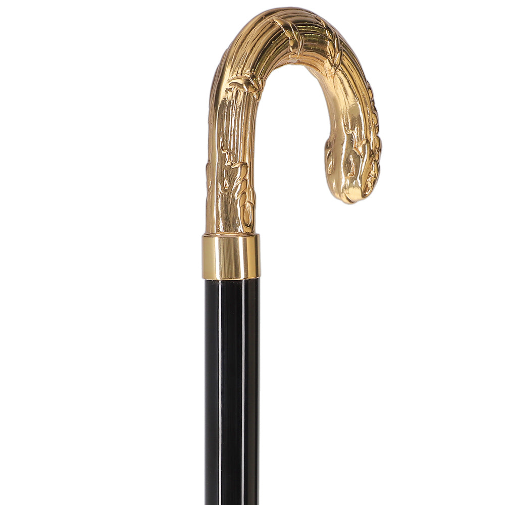 24K Gold Plated Ribbed Wheat Tourist Handle Walking Cane with Black Beechwood Shaft and Collar Outlet Shop