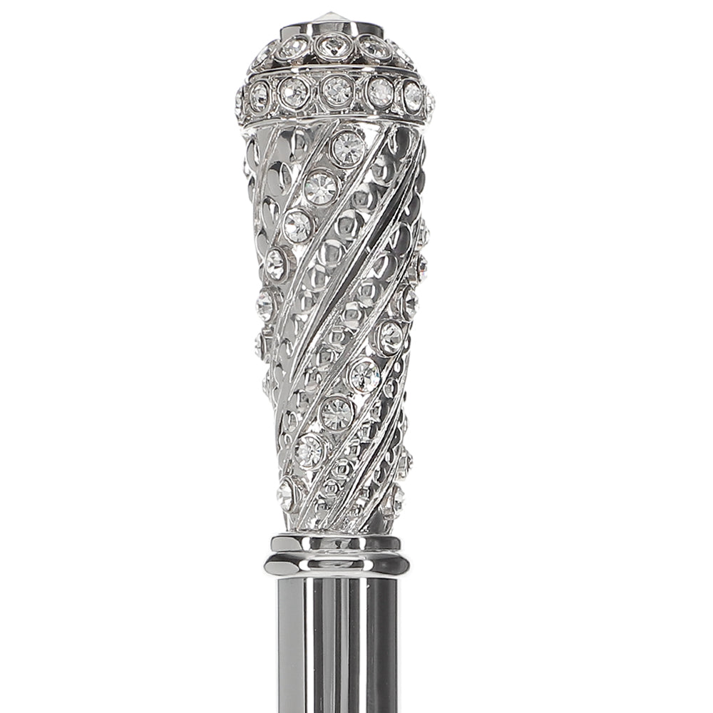 Silver 925r Swarovski Crystal Encrusted Elongated Knob Walking Stick with Black Beechwood Shaft Free Shipping For Cheap