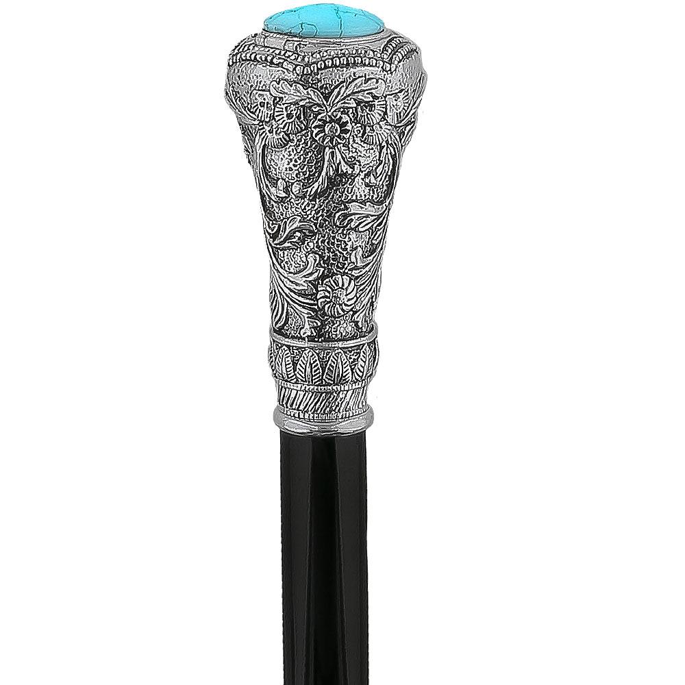 Scratch and Dent Silver 925r Knob Handle Walking Cane w/ Black Beechwood Shaft and Blue Stone Pillbox V2104 Cheap Sale How Much