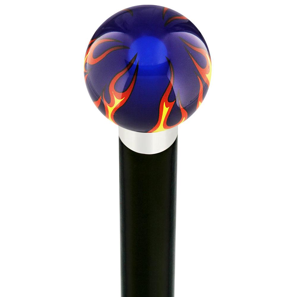 Burst of Flames Blue Transparent Round Knob Cane w/ Custom Wood Shaft & Collar Cheap Hot Sale