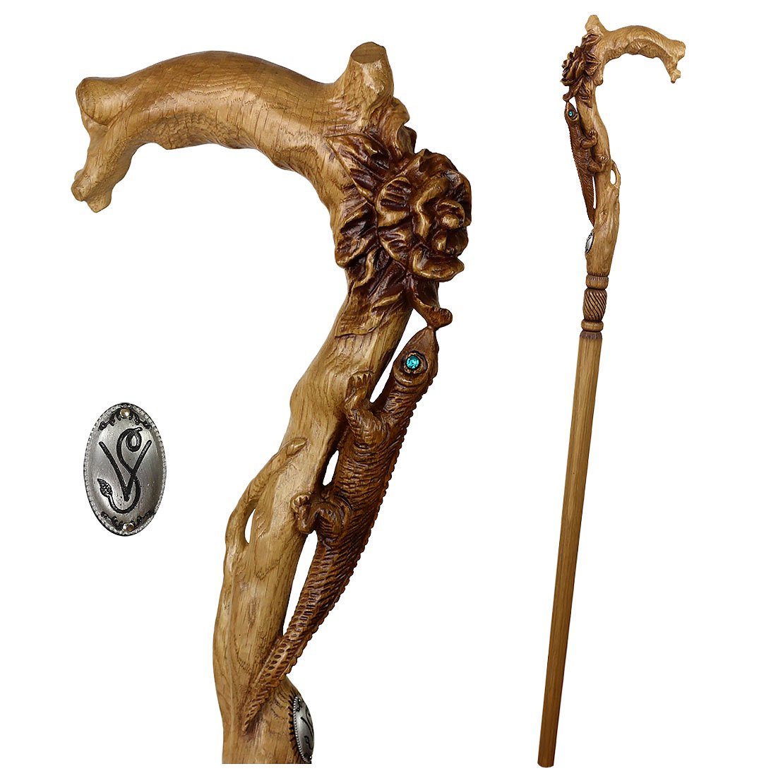 Lizard and Flower: Artisan Intricate Detail Handcarved Cane Free Shipping With Credit Card