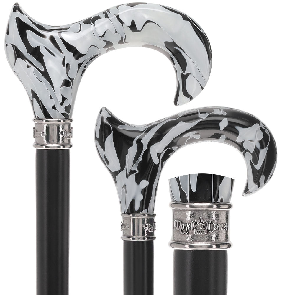 Scratch and Dent Black Onyx Swirl Ergonomic Handle Walking Cane With Black Beechwood Shaft and Embossed Collar V3406 Free Shipping
