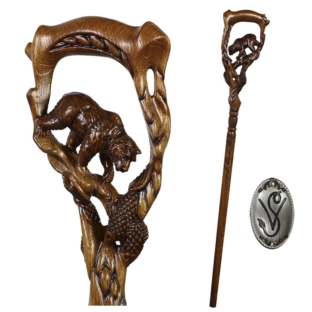 Artisan Grizzly & Salmon Hand-Carved Cane - Intricate Buy Cheap Shop