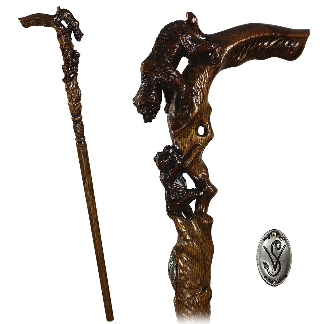 Mama Bear with Baby Bear: Artisan Intricate Hand-Carved Cane New Online