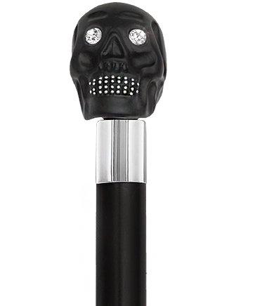 Black Skull Head Cane With Swarovski Crystal Eyes and Teeth-Italian Handle w/Custom Shaft and Collar Newest For Sale