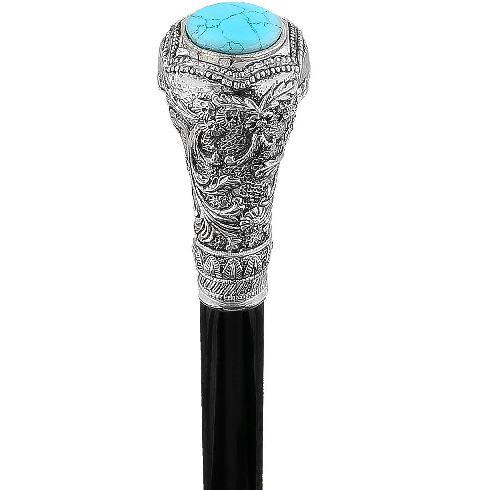 Scratch and Dent Silver 925r Knob Handle Walking Cane w/ Black Beechwood Shaft and Blue Stone Pillbox V2104 Cheap Sale How Much