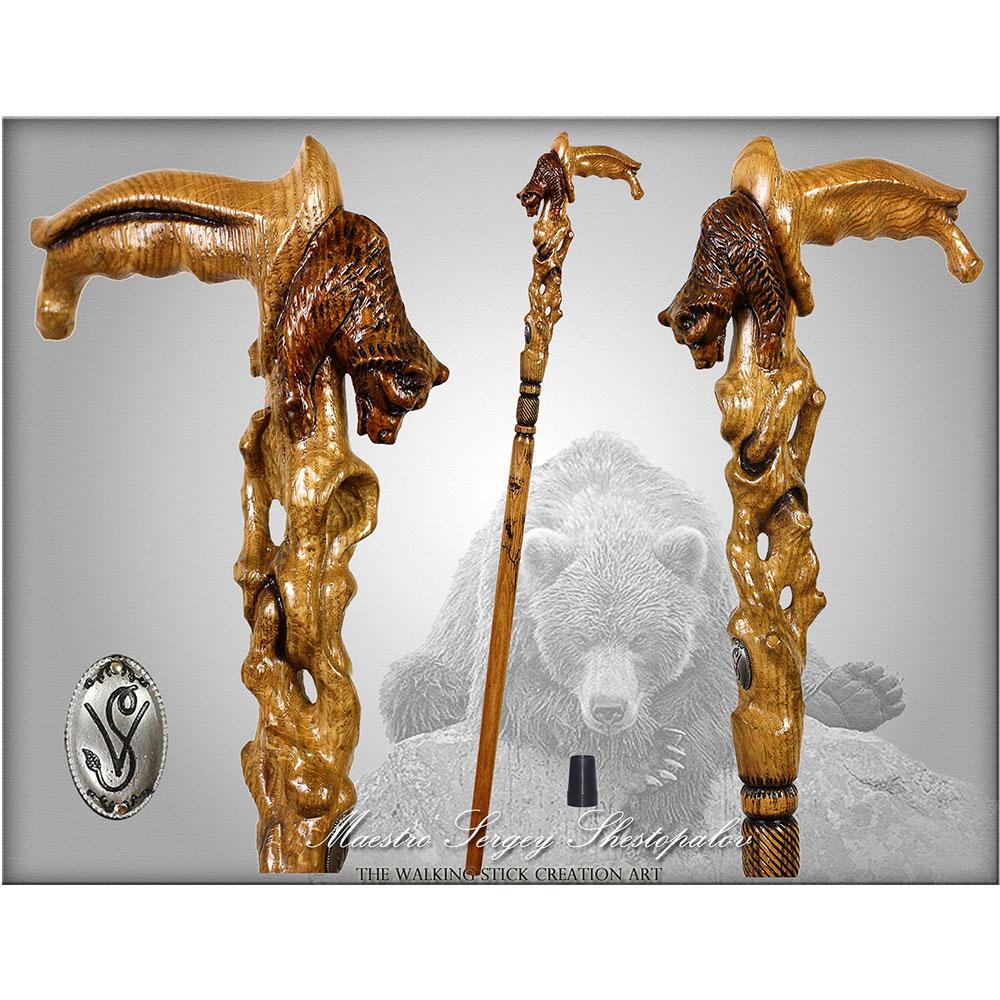 Handcarved Bear Head Cane: Artisan Detail, Awakening Design Real For Sale