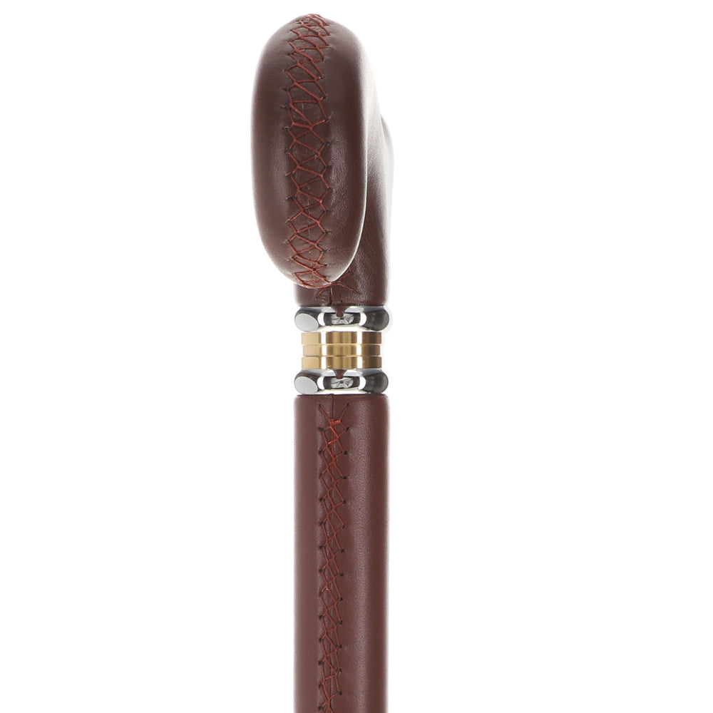 Scratch and Dent Brown Leather Wrapped Derby Walking Cane With Leather Shaft and Two Tone Collar V2120 Newest Cheap Pice