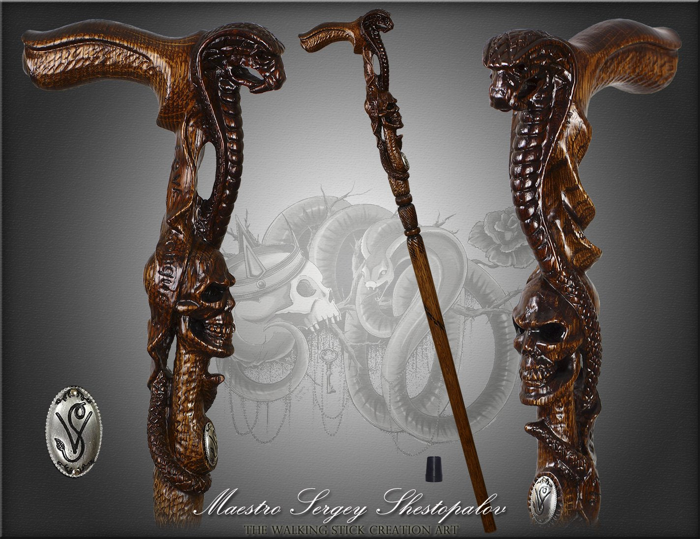 Cobra & Skull Encounter: Intricately Handcarved Artisan Cane Cheap Lowest Pice