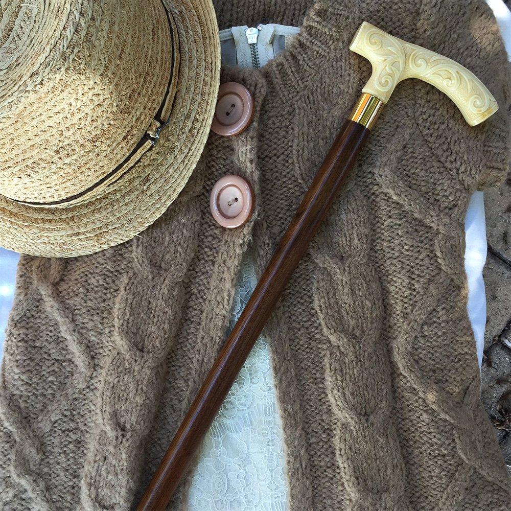 Scratch and Dent Carved Faux Ivory Scroll Fritz Handled Cane - Italian Handle w/ White Beechwood Shaft and Brass Silver Collar V3232 Cheap Sale Footaction