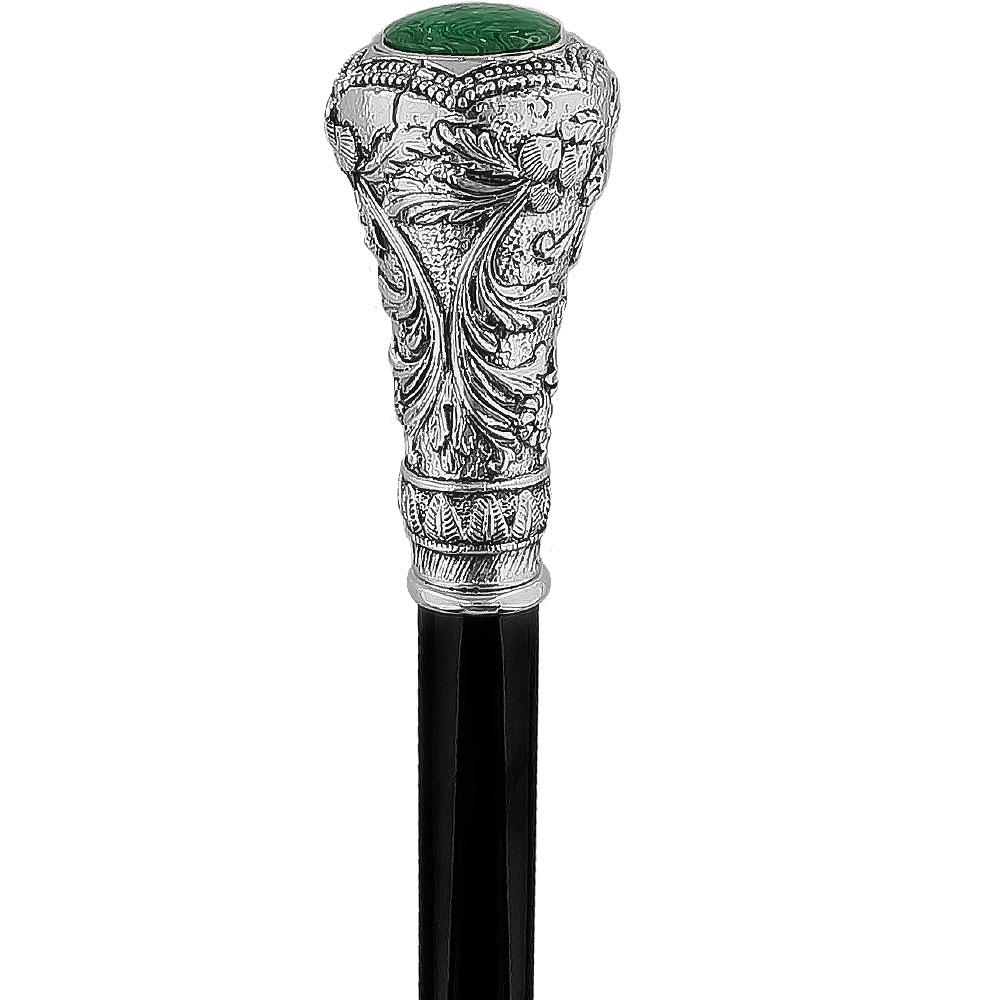 Silver 925r Knob Handle Walking Cane w/ Black Beechwood Shaft and Green Stone Pillbox Discount Hot Sale