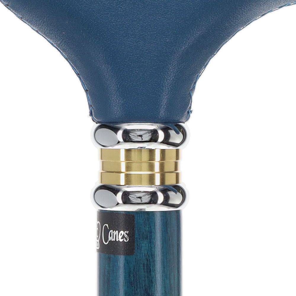 Blue Leather Derby Walking Cane With Blue Stained Ash Wood Shaft and Two-tone Collar Outlet Wiki