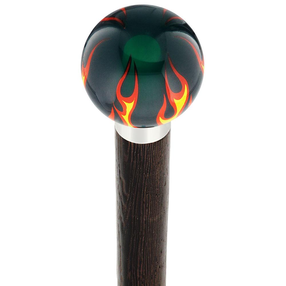 Burst of Flames Green Transparent Round Knob Cane w/ Custom Wood Shaft & Collar Sale Visa Payment