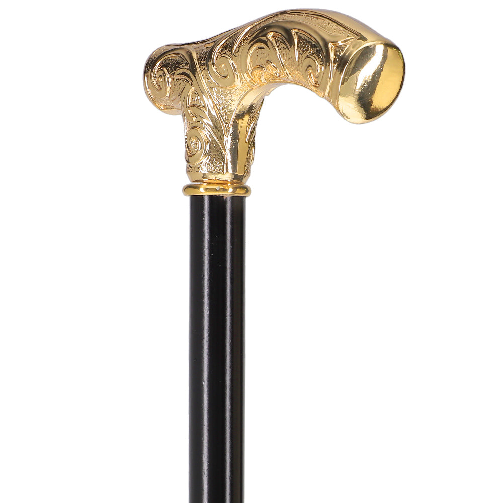 24K Gold Plated Embossed Fritz Handle Walking Cane with Black Beechwood Shaft and Collar Where To Buy Cheap Real