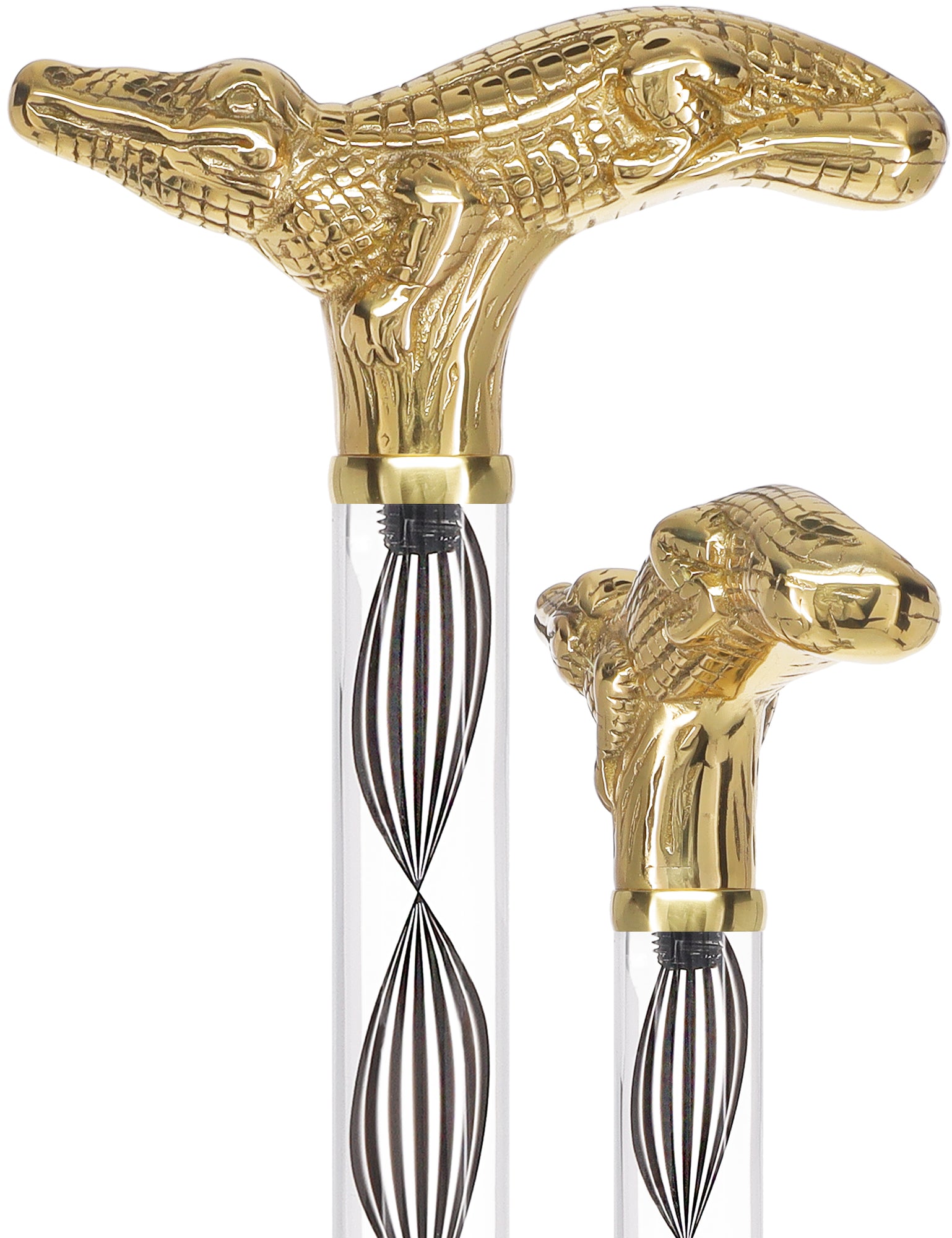 Crystal Elegance Brass Alligator Cane with Invisible Acrylic Shaft Options Low Pice For Sale