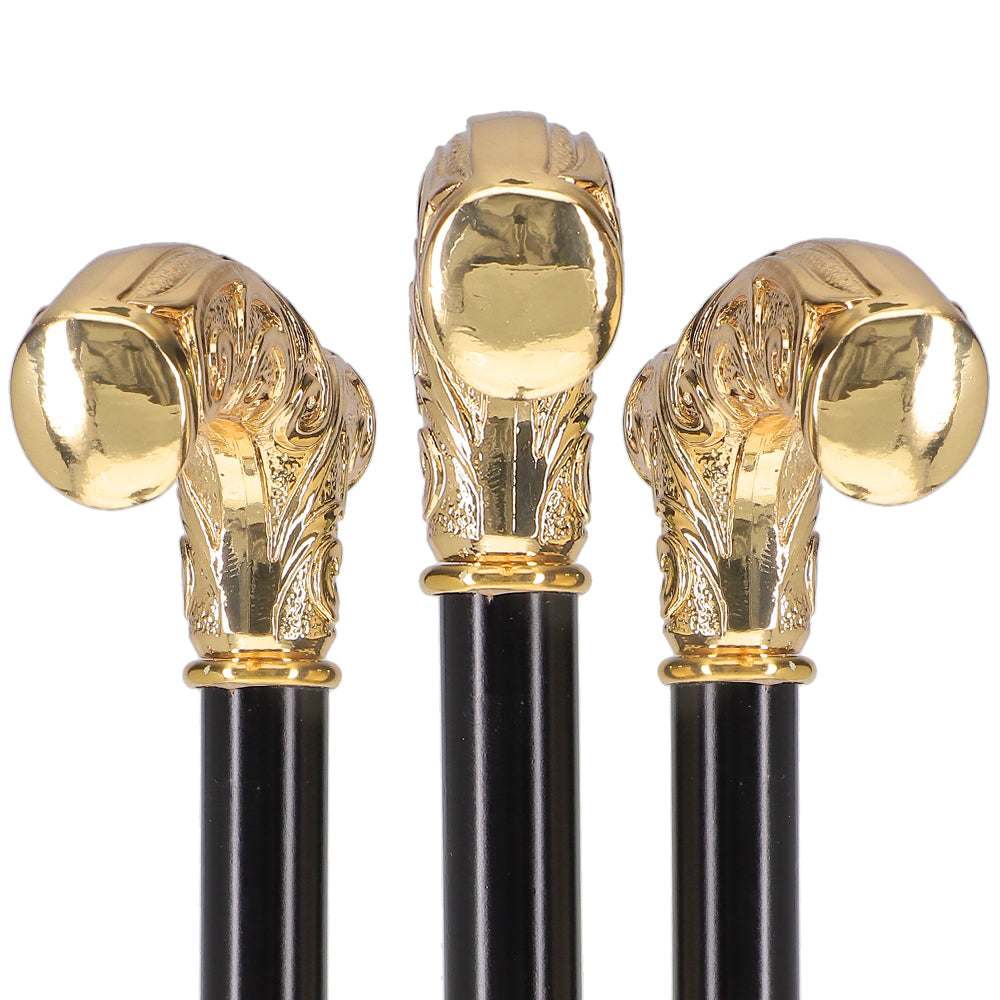 24K Gold Plated Embossed Fritz Handle Walking Cane with Black Beechwood Shaft and Collar Where To Buy Cheap Real