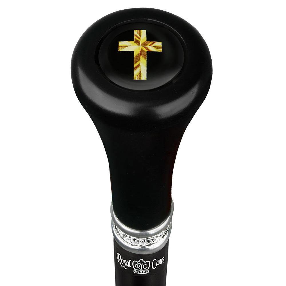 Scratch and Dent Christian Cross Symbol Top Walking Stick w/ Black Beechwood Shaft & Pewter Collar V2172 Cheap Sale Professional