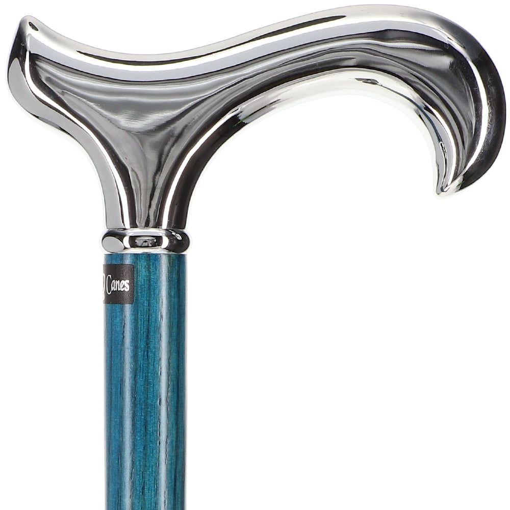 Scratch and Dent Blue Chrome Plated Derby Walking Cane With Blue Ash Wood Shaft and Silver Collar V2278 Clearance Buy