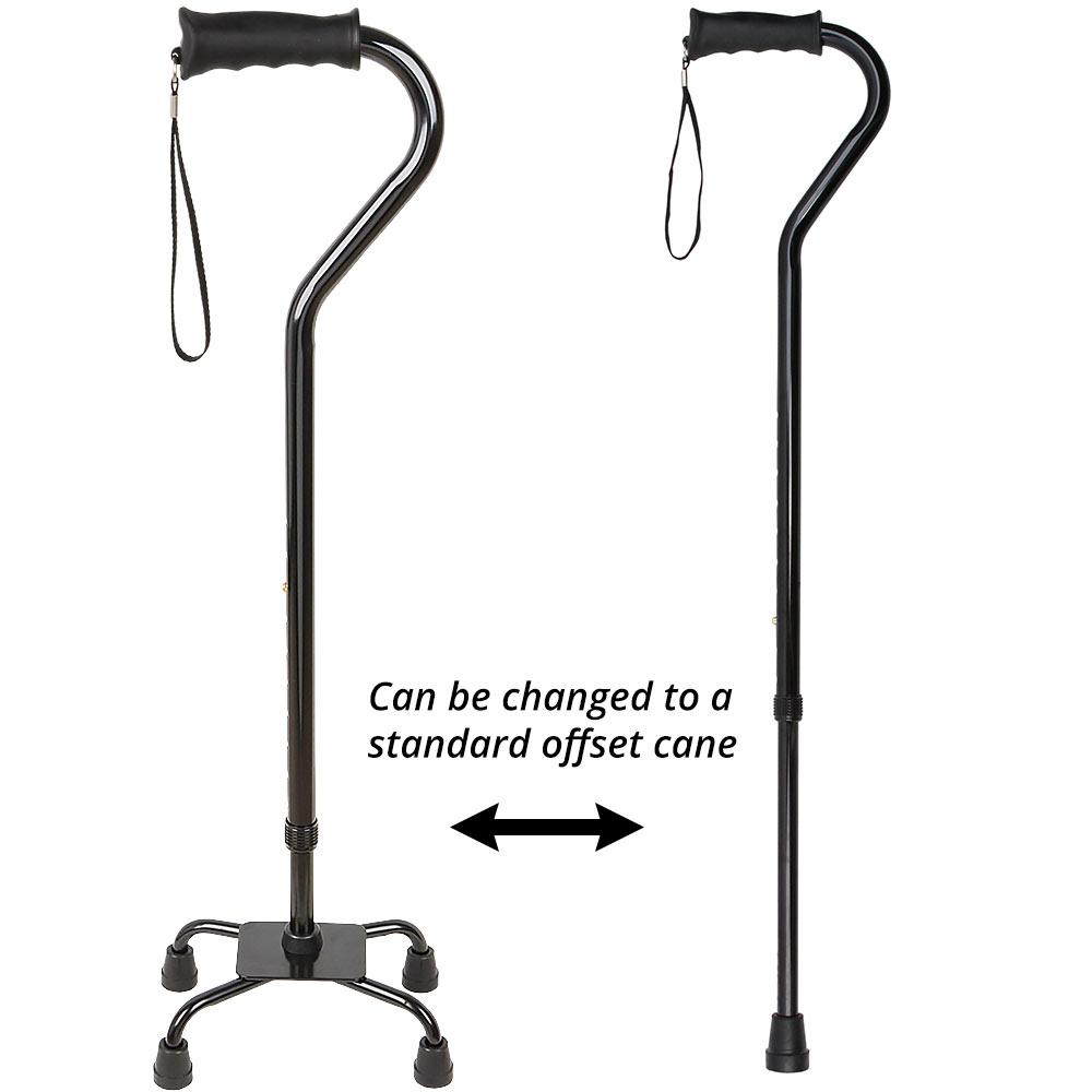 Black Aluminum Convertible Quad Base Walking Cane - Adjustable Shaft Clearance Visit New