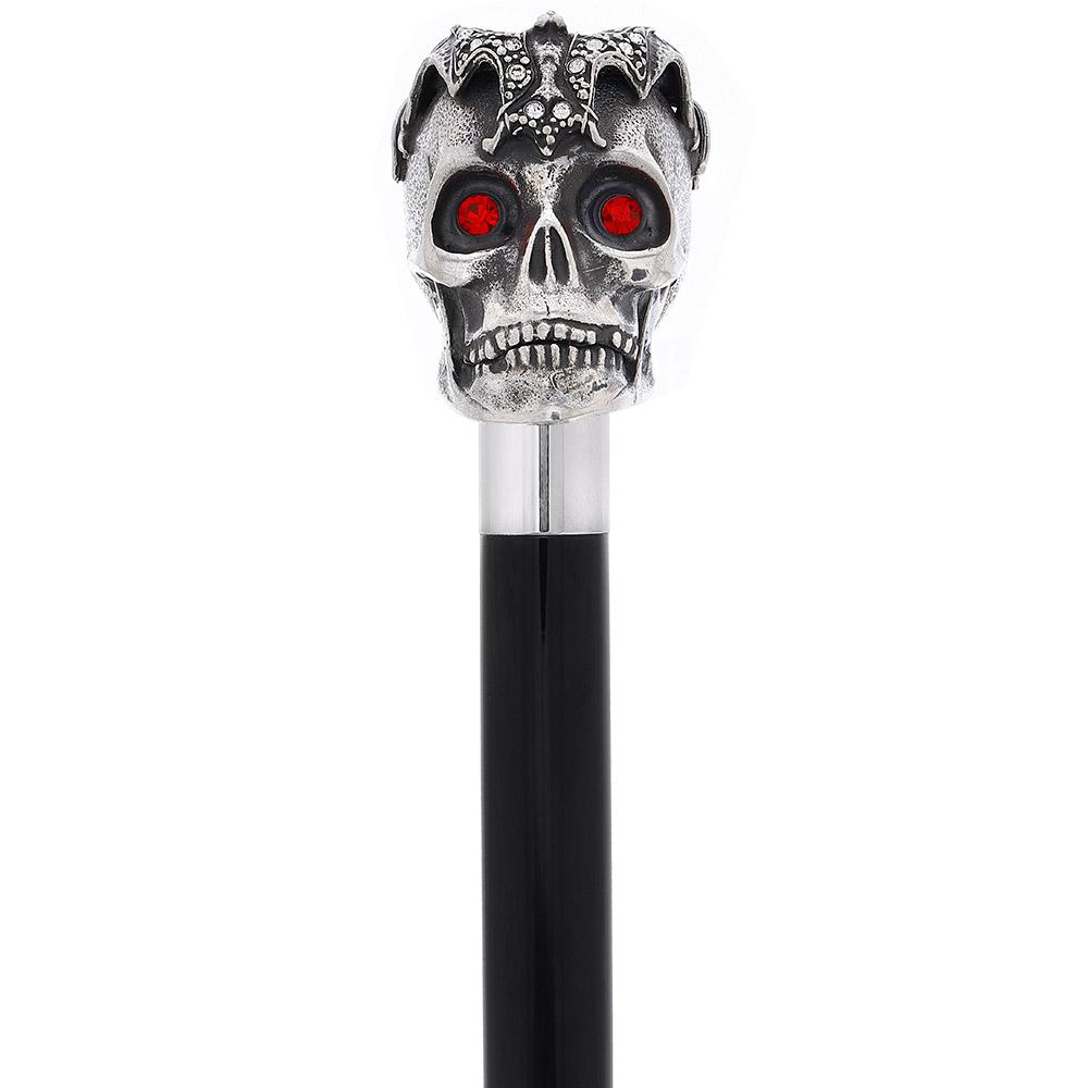 Silver 925r Ruby Red Skull and Bats Walking Cane w/ Black Beechwood Shaft Clearance With Mastercard