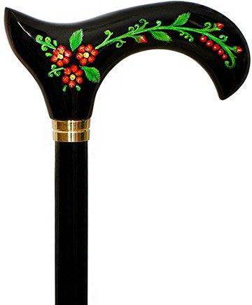 Exquisite Handpainted Flowers on Elegant Black Derby Wood Cane Cheap Sale Professional