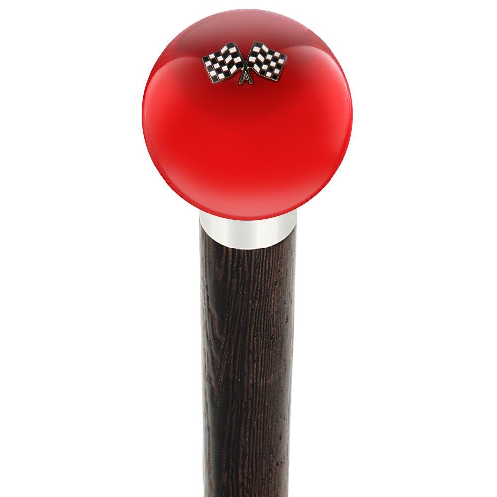 Checkered Racing Flags Red Round Knob Cane w/ Custom Wood Shaft & Collar Discount Fashion Style