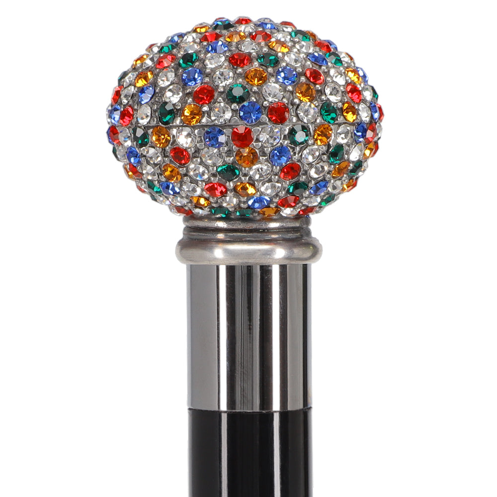 Multi-Colored Swarovski Crystal Encrusted Small Knob Walking Stick with Black Beachwood Shaft Authentic