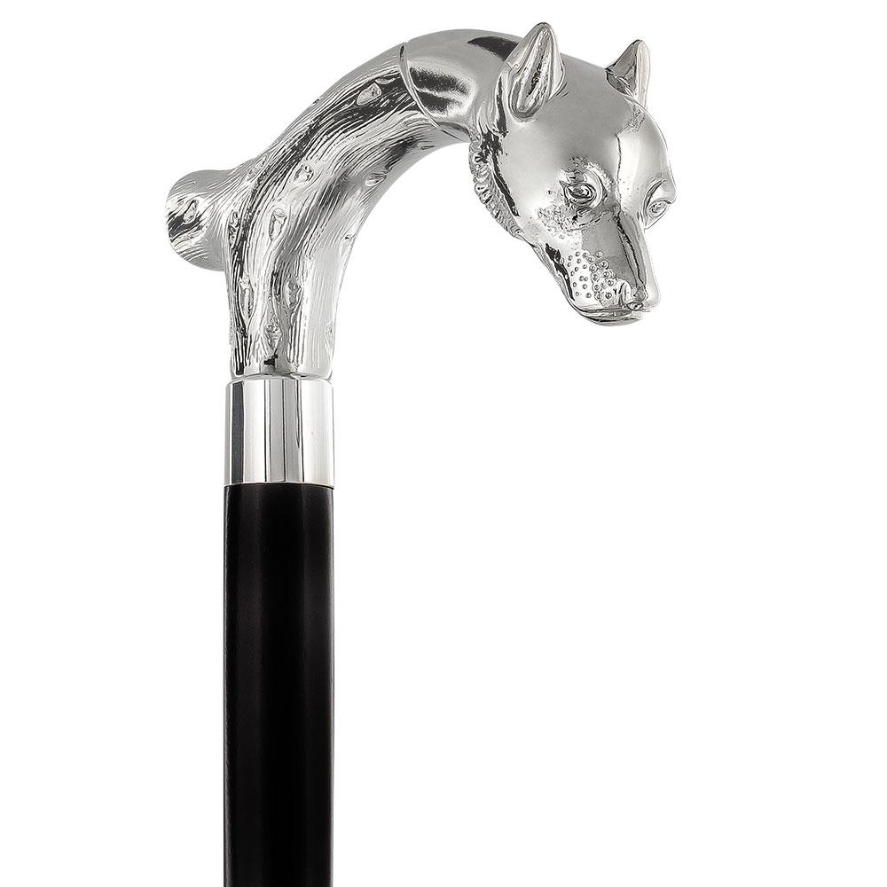 Unwavering Fierce Wolf Nickel Plated Fritz Handle Cane w/ Black Beechwood Shaft & Aluminum Silver Collar Sale Outlet