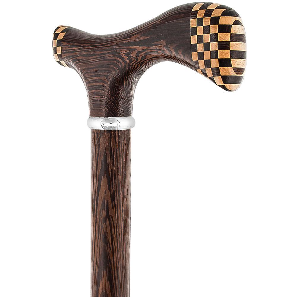 Scratch and Dent Wenge 3D Fritz Inlay Checker Handle Walking Cane w/ Silver Collar V2244 Cheapest Sale Online