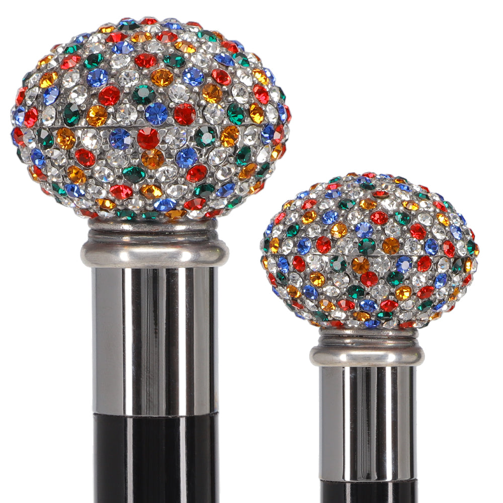 Multi-Colored Swarovski Crystal Encrusted Small Knob Walking Stick with Black Beachwood Shaft Authentic