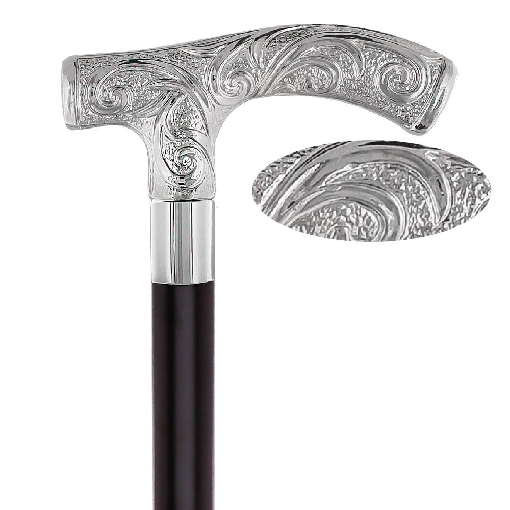 Carved Scroll Fritz Nickel Plated Handled Cane - Italian Handle w/ Custom Shaft & Collar Clearance From China