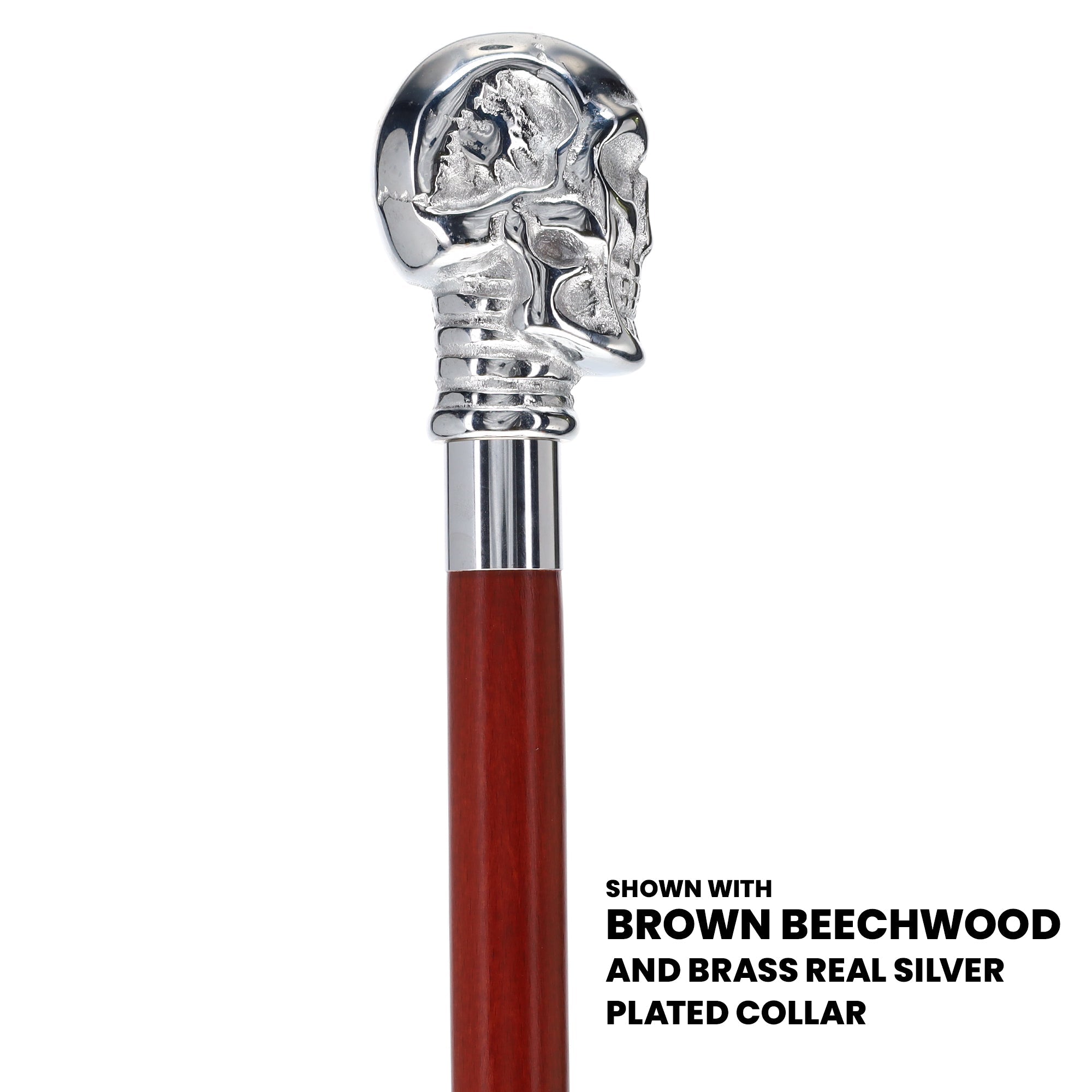 Scratch And Dent Chrome Plated Skull Handle Walking Cane w/ Black Beechwood Shaft and Brass Silver Collar V3159 Buy Cheap Classic