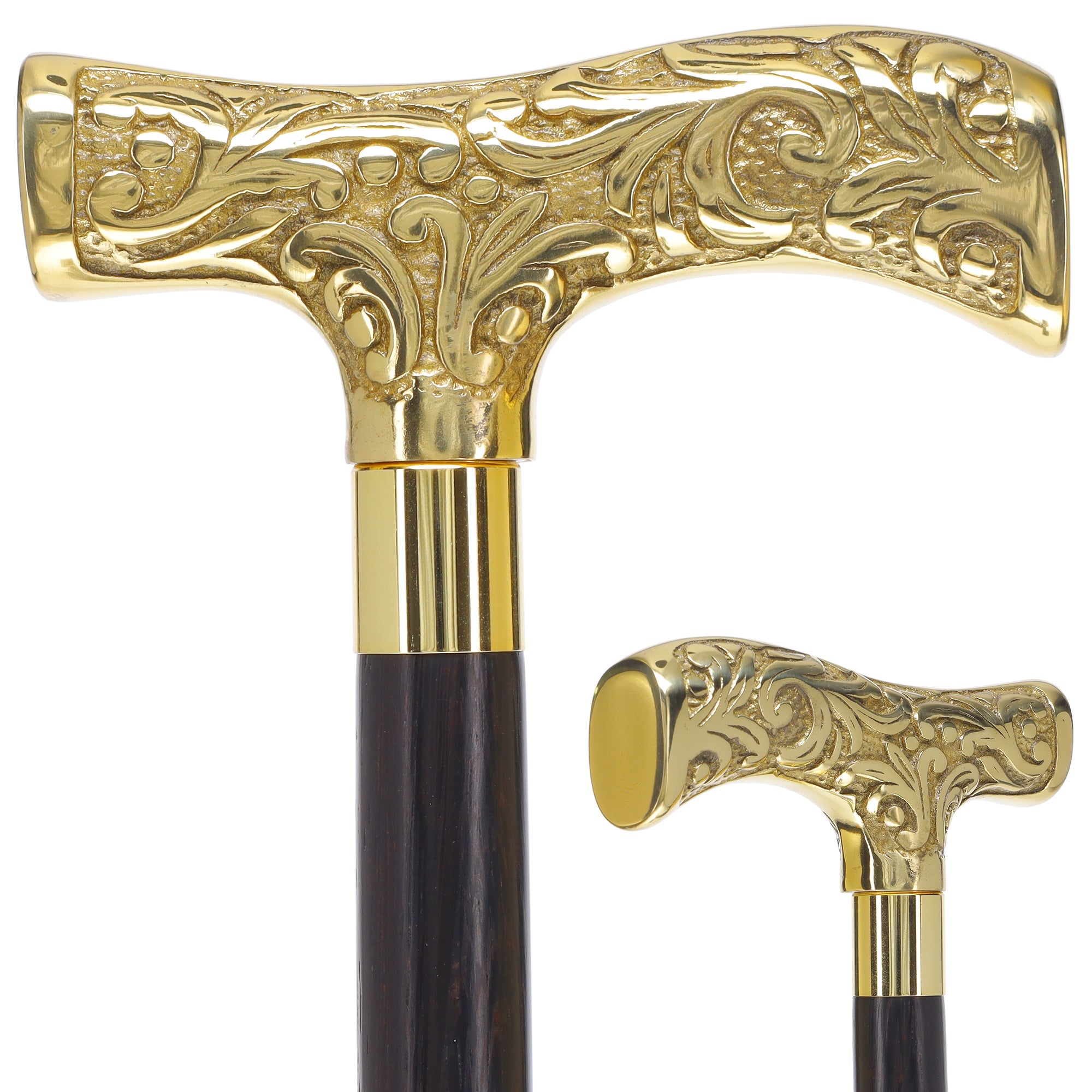 Scratch and Dent Brass T Shaped Handle Walking Cane w/ Wenge Shaft and Brass Gold Collar V3205 High Quality Cheap Pice