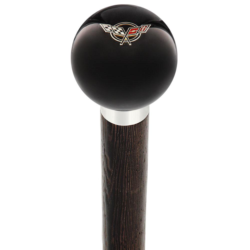 Licensed Corvette Angled Flags Emblem Black Round Knob Cane w/ Custom Wood Shaft & Collar Fashionable For Sale