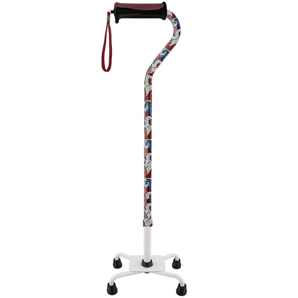 Red Majestic Waves Aluminum Convertible Quad Base Walking Cane - Adjustable Shaft Wide Range Of Cheap Pice