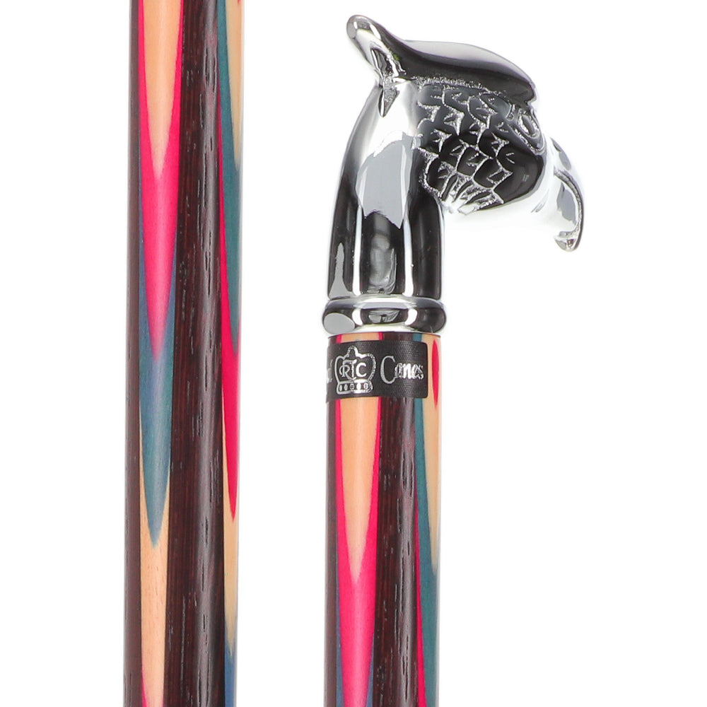 Scratch and Dent Colors Don't Run Chrome Plated Eagle Head Walking Cane With Inlaid Wenge Wood Shaft - Silver Collar V2050 Outlet Pay With Paypal