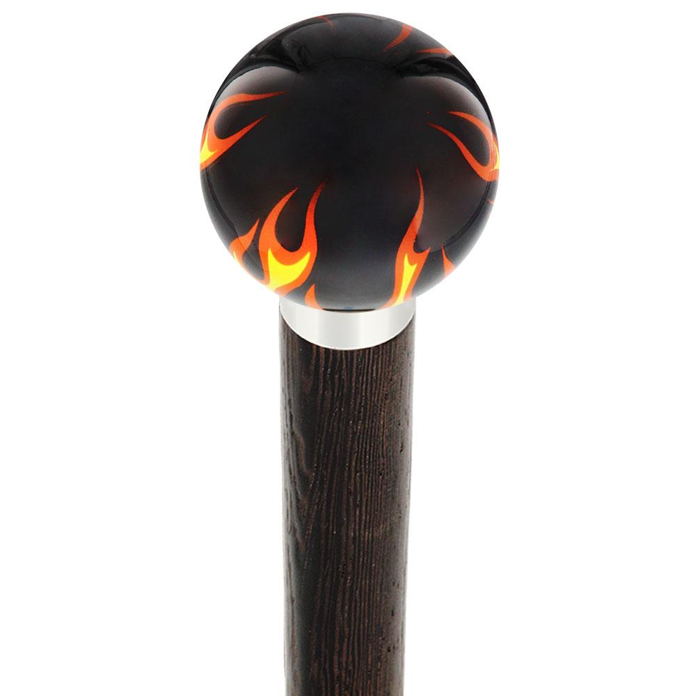 Burst of Flames Black Round Knob Cane w/ Custom Wood Shaft & Collar Footlocker Finishline Online