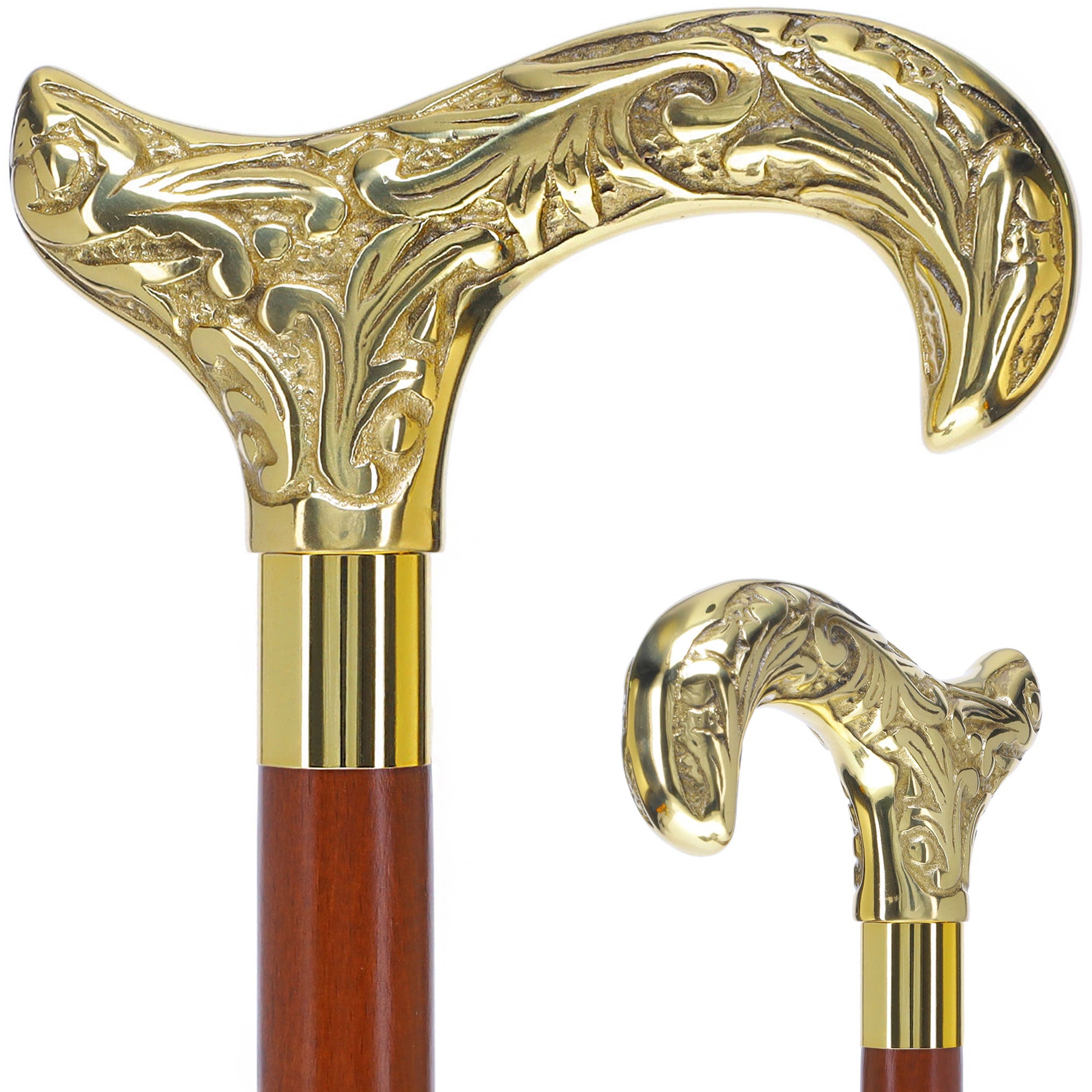 Scratch and Dent Brass Derby Handle Walking Cane w/ Brown Beechwood Shaft and Aluminum Gold Collar V3221 Online For Sale