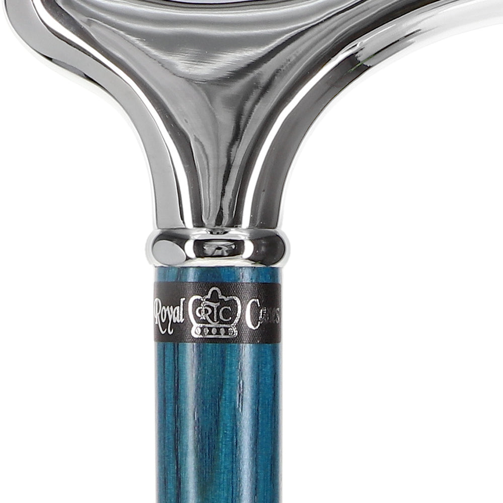 Scratch and Dent Blue Chrome Plated Derby Walking Cane With Blue Ash Wood Shaft and Silver Collar V2278 Clearance Buy