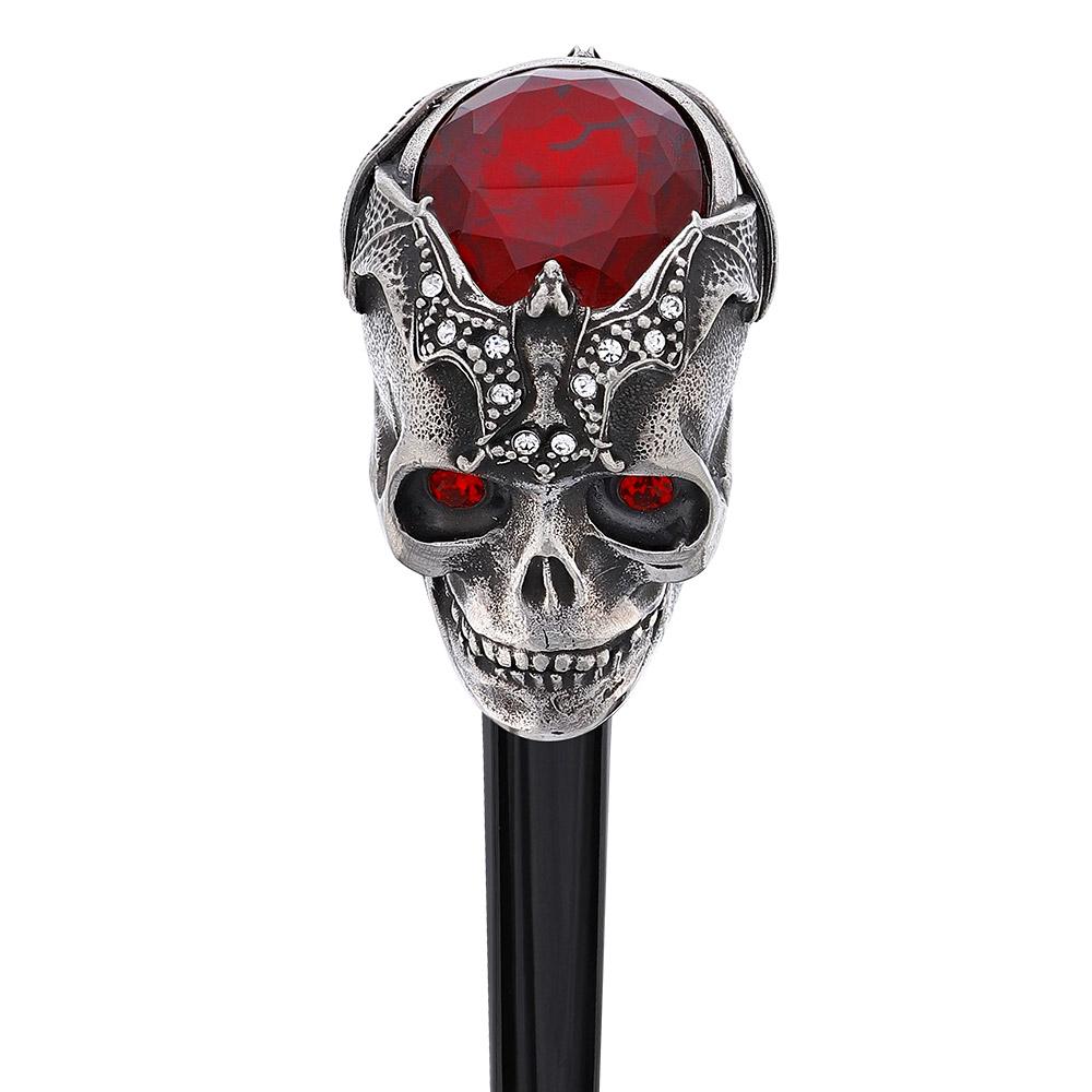 Silver 925r Ruby Red Skull and Bats Walking Cane w/ Black Beechwood Shaft Clearance With Mastercard