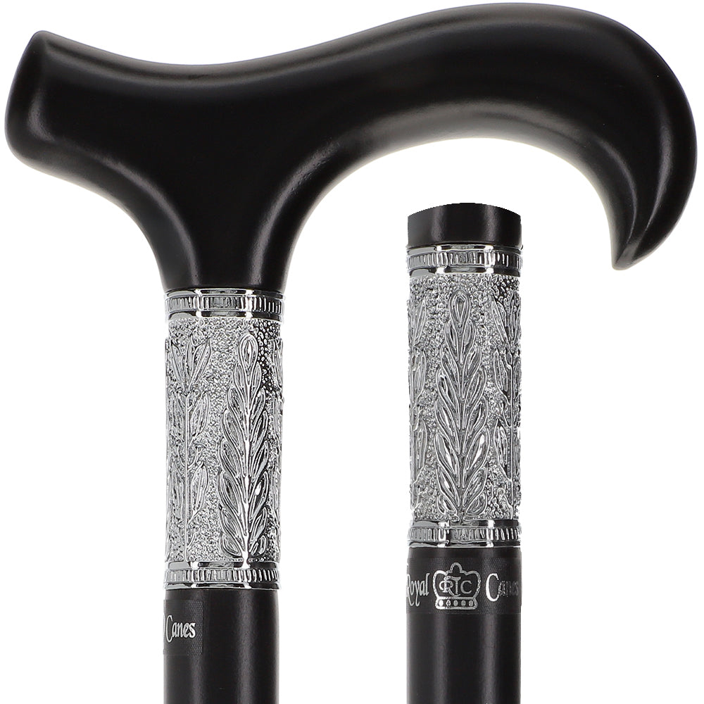 Scratch and Dent Hand-Made Black Beechwood Derby Walking Cane w/ Pewter Leaf Silver Collar V2308 Outlet Fashion Style