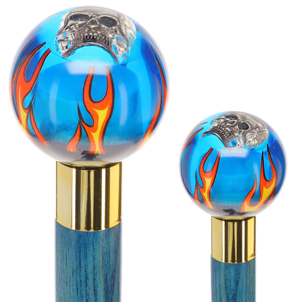 Blue Flame with Skull Round Knob Cane w/ Custom Color Ash Shaft & Collar Free Shipping Cost