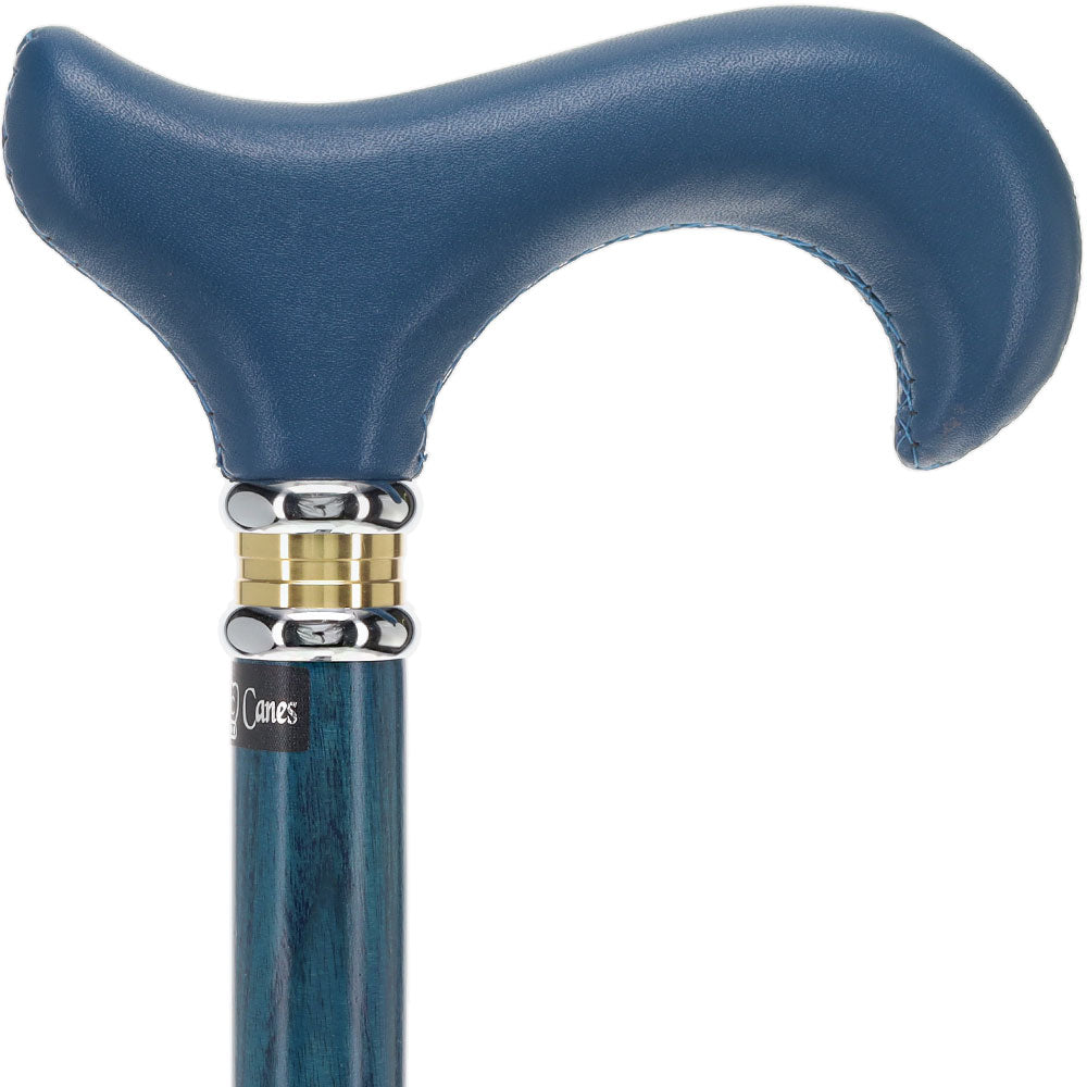 Blue Leather Derby Walking Cane With Blue Stained Ash Wood Shaft and Two-tone Collar Outlet Wiki