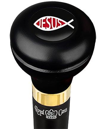 Jesus Fish Symbol Flask Walking Stick w/ Black Beechwood Shaft & Pewter Collar Latest Collections