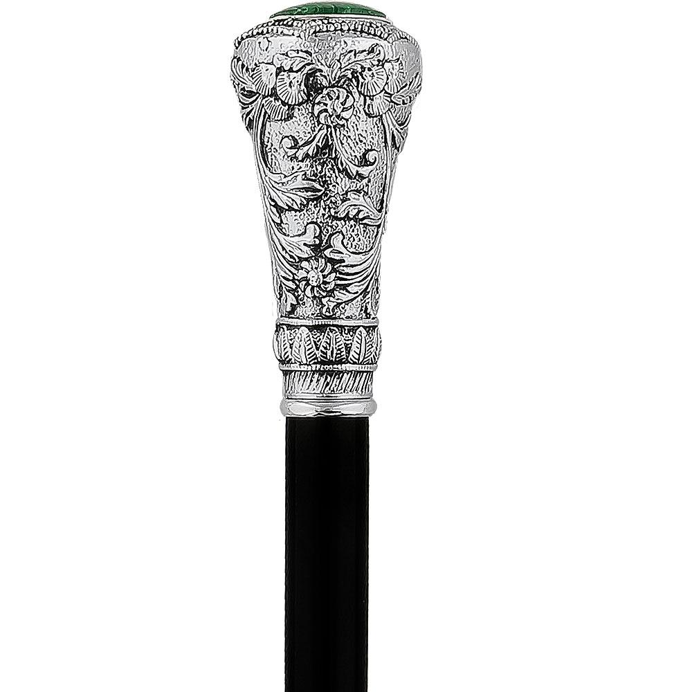 Scratch and Dent Silver 925r Knob Handle Walking Cane w/ Black Beechwood Shaft and Green Stone Pillbox V2080 Low Cost For Sale